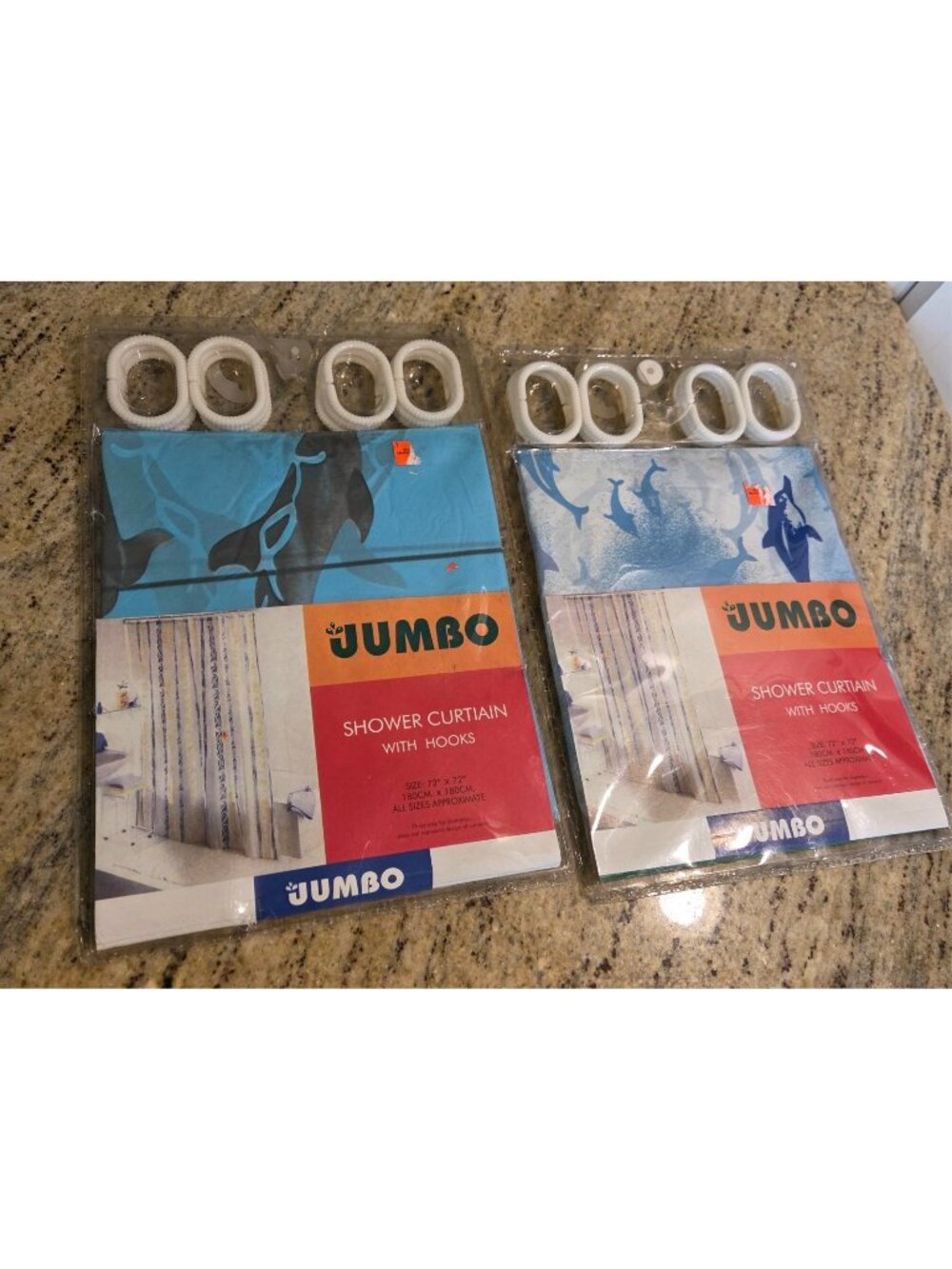 New! Lot of 2 Dolphin Shower Curtains w Hooks Blue Plastic Jumbo 72x72"